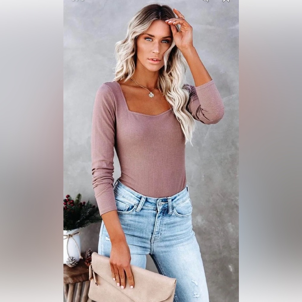 VICI Trina Square Neck Ribbed Bodysuit in Mocha Tan Cognac Light Brown Nude